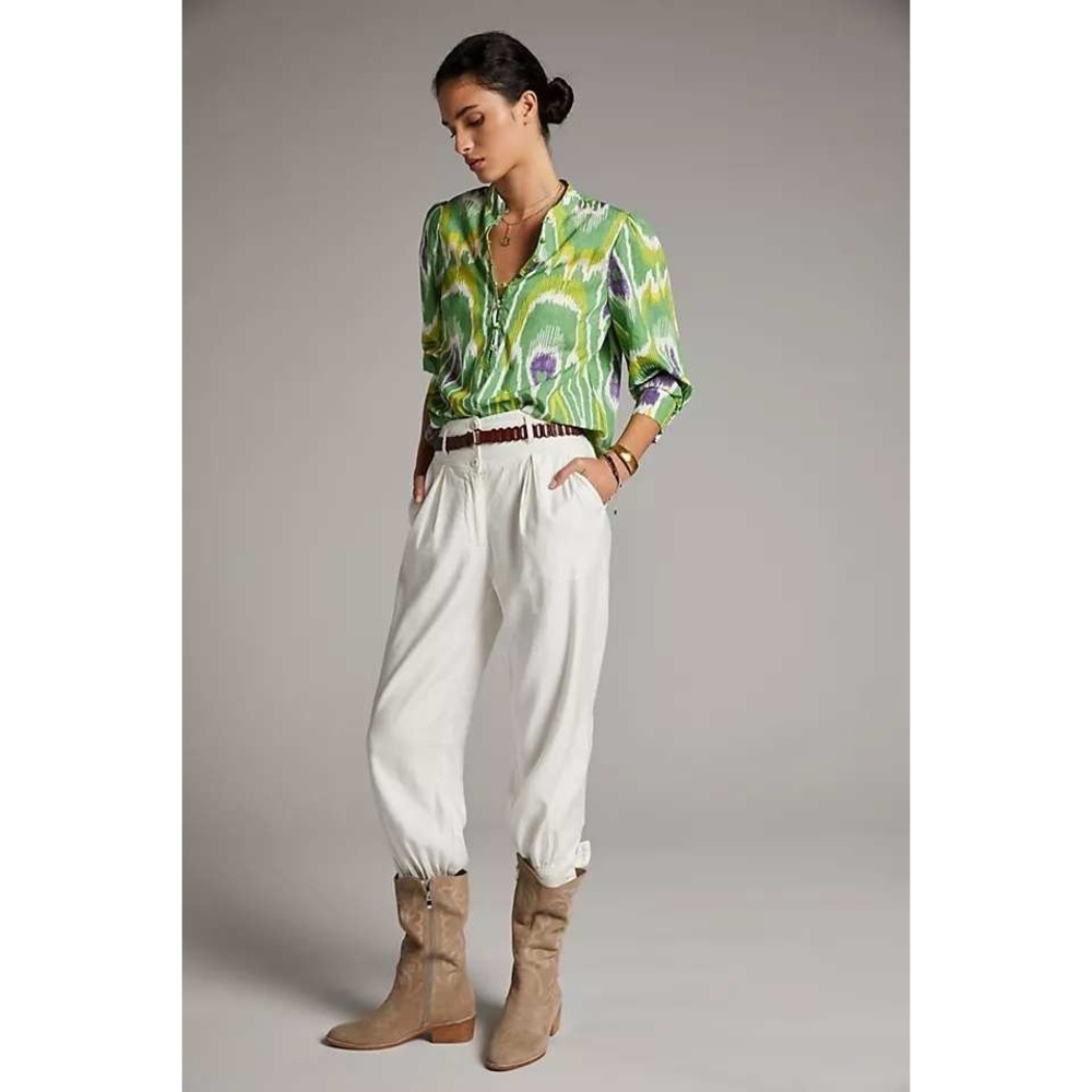 Anthropologie Sharona Henley Blouse Women L Green Purple Organic Cotton Summer